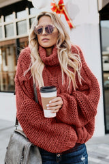 Fiery Red Cuddle Weather Cable Knit Handmade Turtleneck Sweater Sweaters JT's Designer Fashion