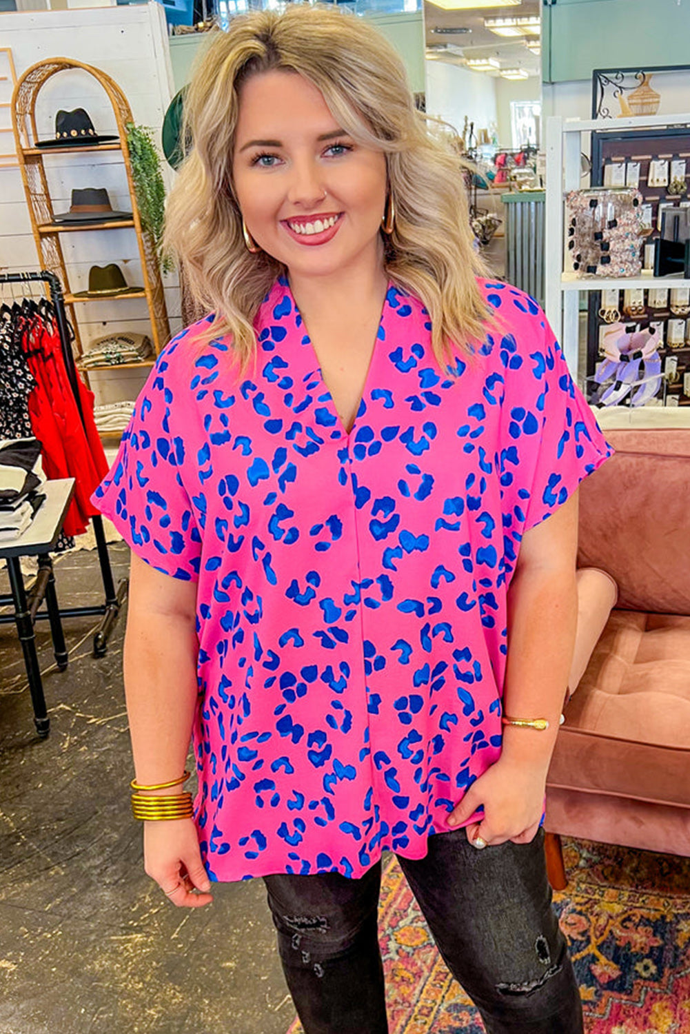 Rose Contrast Leopard Print Plus Size V Neck Blouse Plus Size JT's Designer Fashion