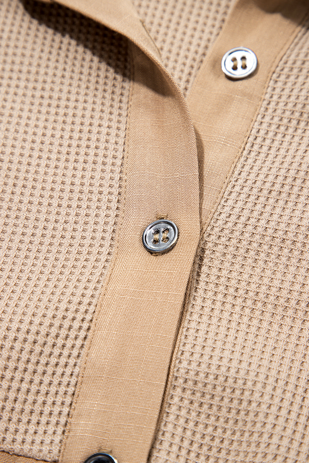 Light French Beige Waffle Patchwork Button Up Frayed Hem Shirt Blouses & Shirts JT's Designer Fashion