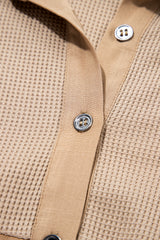 Light French Beige Waffle Patchwork Button Up Frayed Hem Shirt Blouses & Shirts JT's Designer Fashion