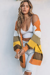 Open Front Pocketed Colorblock Cardigan Sweaters & Cardigans JT's Designer Fashion