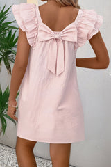 Light Pink Textured Flutter Sleeve Square Neck Bow Back Mini Dress Dresses JT's Designer Fashion