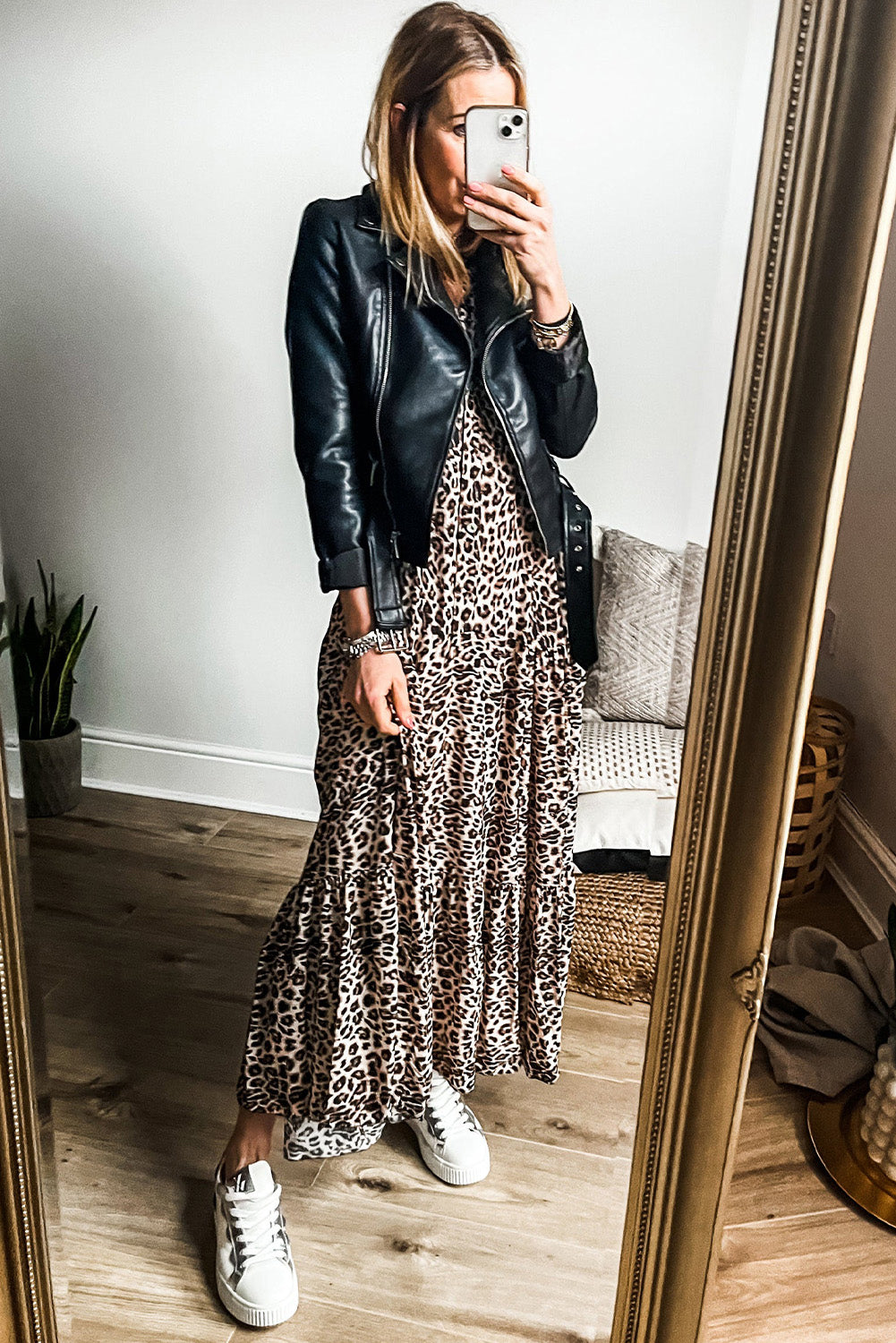 Apricot Leopard Print Tiered Wide Sleeve Long Dress Maxi Dresses JT's Designer Fashion