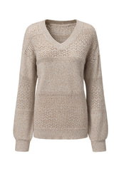 Brown Eyelet Pattern Detail V Neck Drop Shoulder Sweater Sweaters JT's Designer Fashion