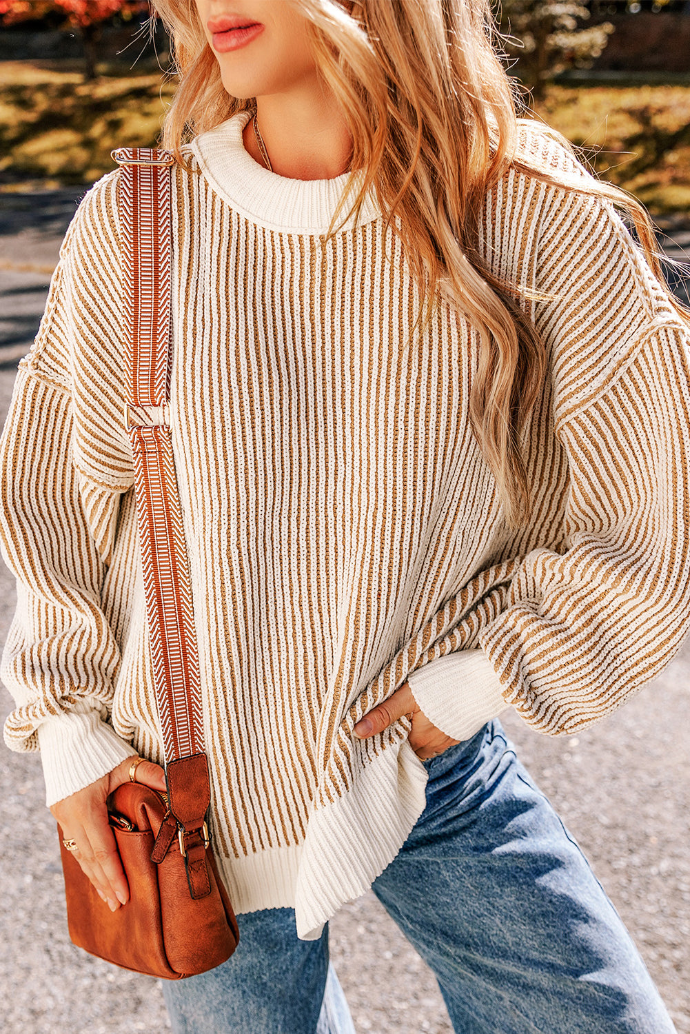 Chestnut Striped Textured Knit Contrast Edge Loose Sweater Sweaters JT's Designer Fashion