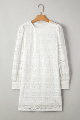 White Lace Crochet Round Neck Puff Sleeve Shift Mini Dress Mini Dresses JT's Designer Fashion