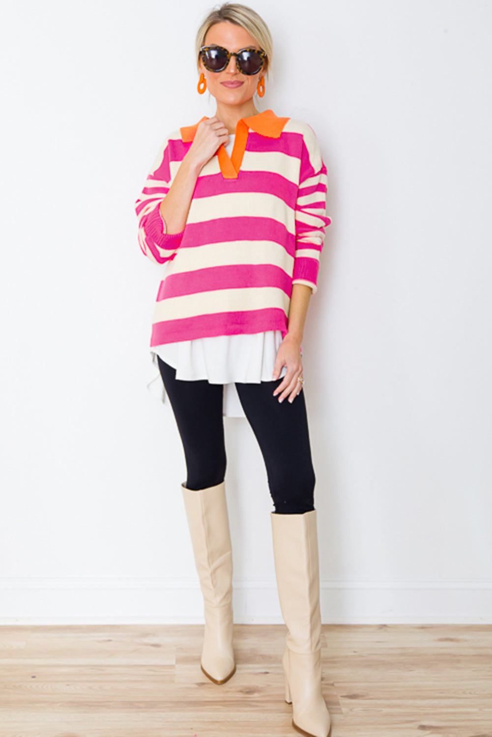 Rose Stripe Color Block Collared V Neck Drop Shoulder Sweater Sweaters JT's Designer Fashion