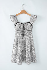 White Floral Print Pipping Trim Flutter Sleeve Mini Dress Floral Dresses JT's Designer Fashion