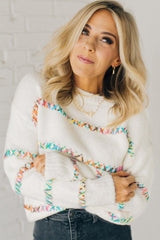 White Colorful Crossed Stitch Drop Shoulder Sweater Sweaters JT's Designer Fashion