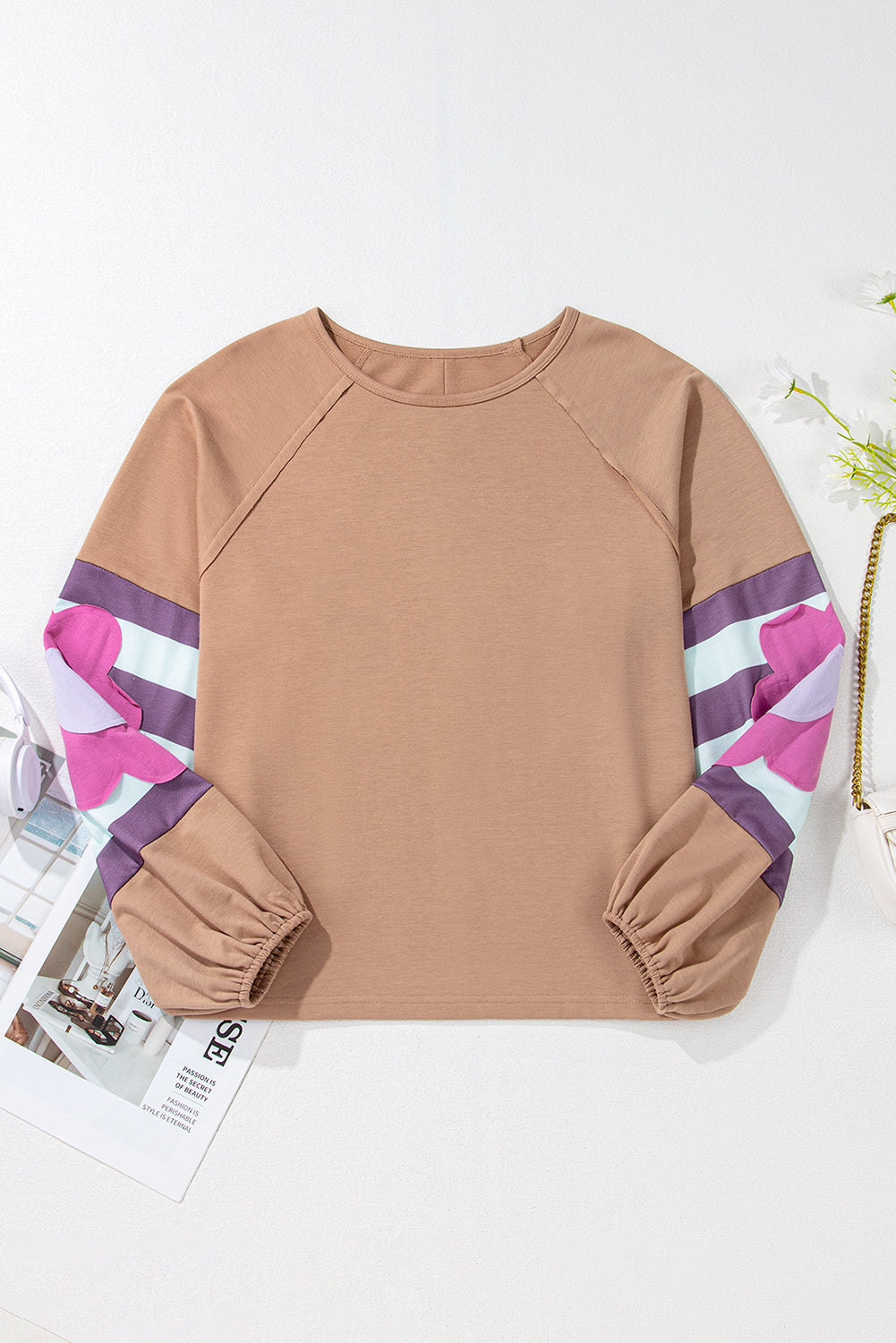 Dune Flower Patchwork Raglan Sleeve Exposed Seam Oversized Top Long Sleeve Tops JT's Designer Fashion