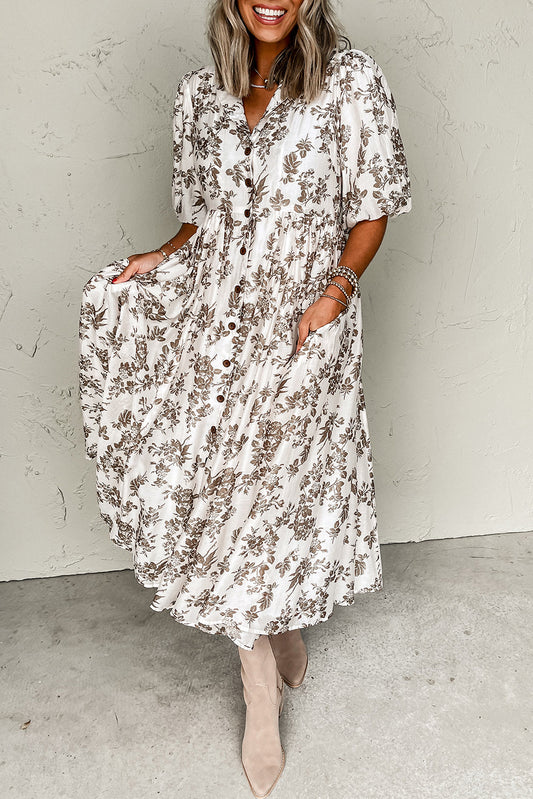 Khaki Floral Puff Sleeve V Neck Buttoned Front Long Dress Maxi Dresses JT's Designer Fashion