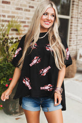 Black Sequin Crayfish Graphic Drop Sleeve High Low Tee Graphic Tees JT's Designer Fashion