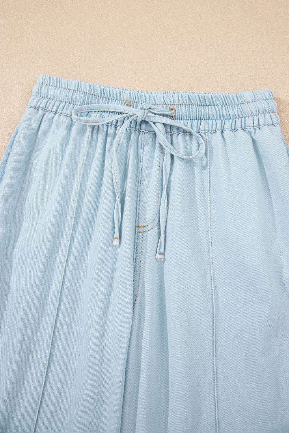 Beau Blue Light Wash Contrast Trim Center Seam Drawstring Elastic Waistband Wide Leg Denim Pants Jeans JT's Designer Fashion