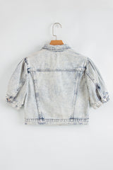 Beau Blue Light Wash Buttoned Chest Pocket Puff Sleeve Denim Jacket Denim Jackets JT's Designer Fashion