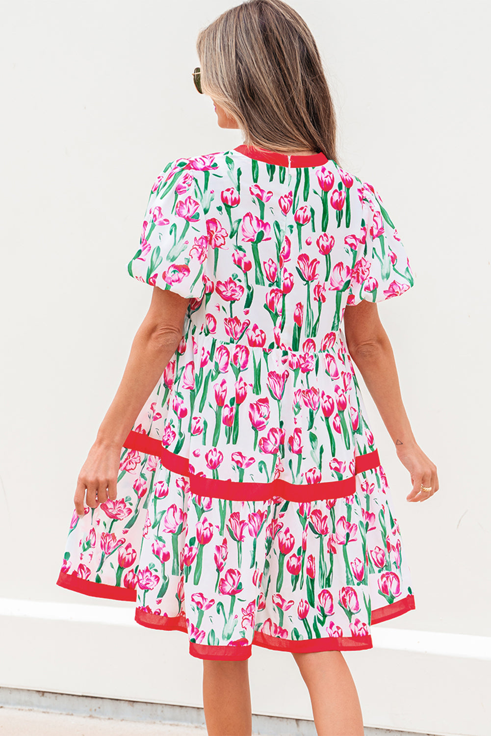 Pink Floral Print Contrast Trim V Neck Bubble Short Sleeve Babydoll Dress Floral Dresses JT's Designer Fashion