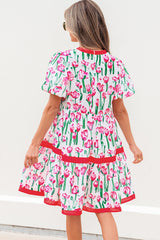 Pink Floral Print Contrast Trim V Neck Bubble Short Sleeve Babydoll Dress Floral Dresses JT's Designer Fashion