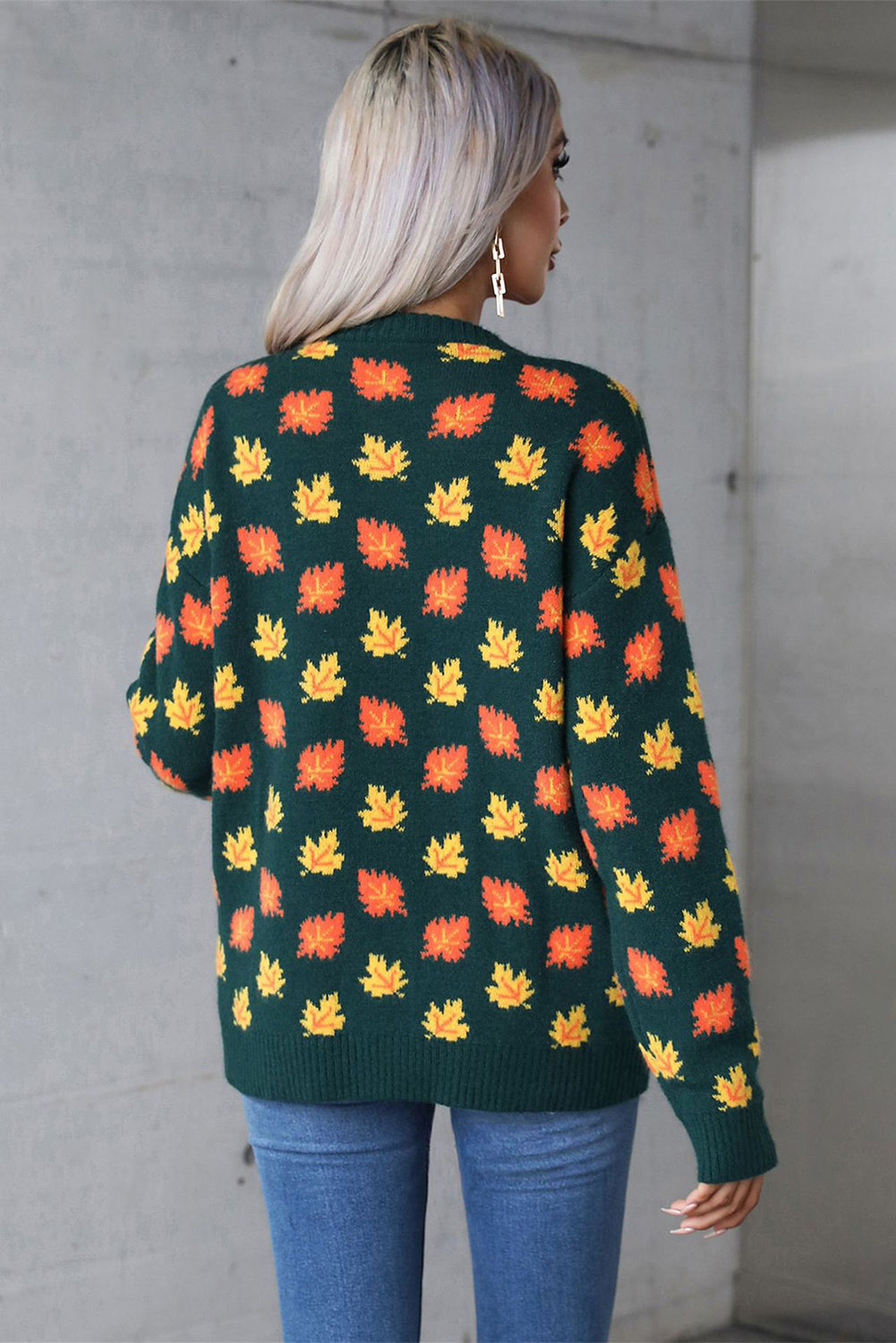 Blackish Green Fall Leaves Pattern Crew Neck Sweater Sweaters JT's Designer Fashion