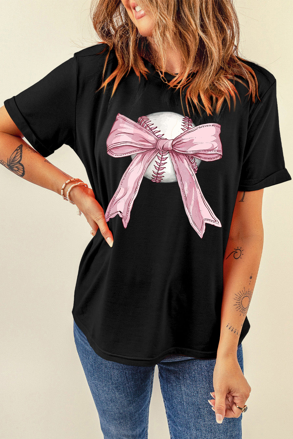 Black Baseball Bow Knot Print Round Neck T Shirt Graphic Tees JT's Designer Fashion