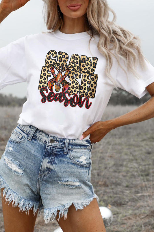 White Crawfish Season Leopard Letter Graphic Tee Graphic Tees JT's Designer Fashion