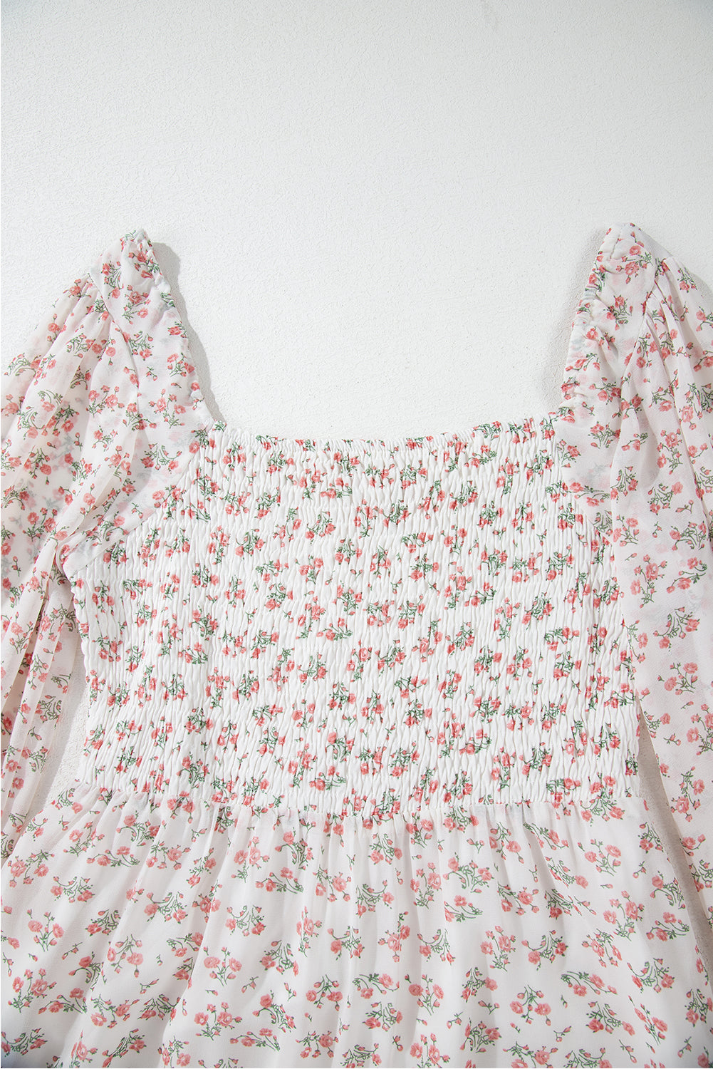 White Floral Print Shirred Ruffled Hem Square Neck Midi Dress Floral Dresses JT's Designer Fashion