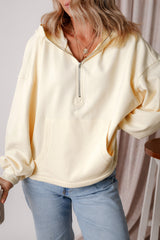 Beige Fleece Lined Half Zipper Kangaroo Pockets Loose Hoodie Sweatshirts & Hoodies JT's Designer Fashion