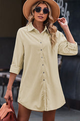 Beige Corduroy Shirt Style Full Button Long Sleeve Shift Mini Dress Mini Dresses JT's Designer Fashion