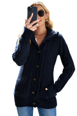 Navy Blue Long Sleeve Button-up Hooded Cardigans Sweaters & Cardigans JT's Designer Fashion