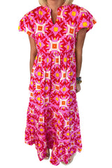 Strawberry Pink Geo Print V-neck Long Dress Maxi Dresses JT's Designer Fashion