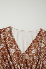 Brown Boho Floral Ruffled Puff Sleeve V Neck Mini Dress Floral Dresses JT's Designer Fashion