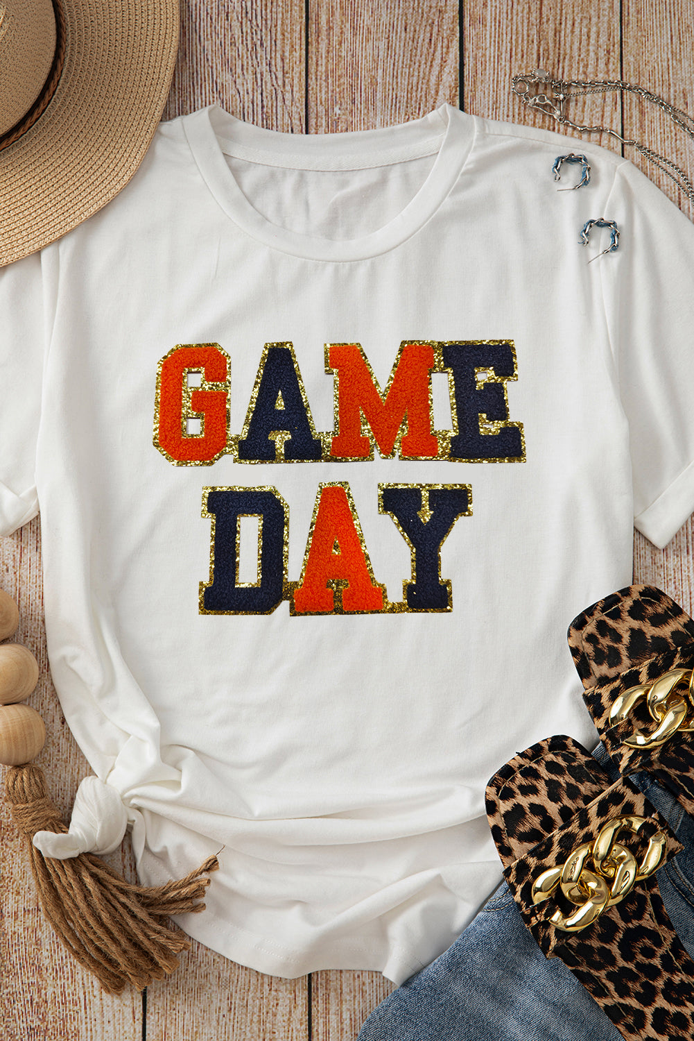 White Glitter GAME DAY Rugby Football Season Round Neck T Shirt Graphic Tees JT's Designer Fashion