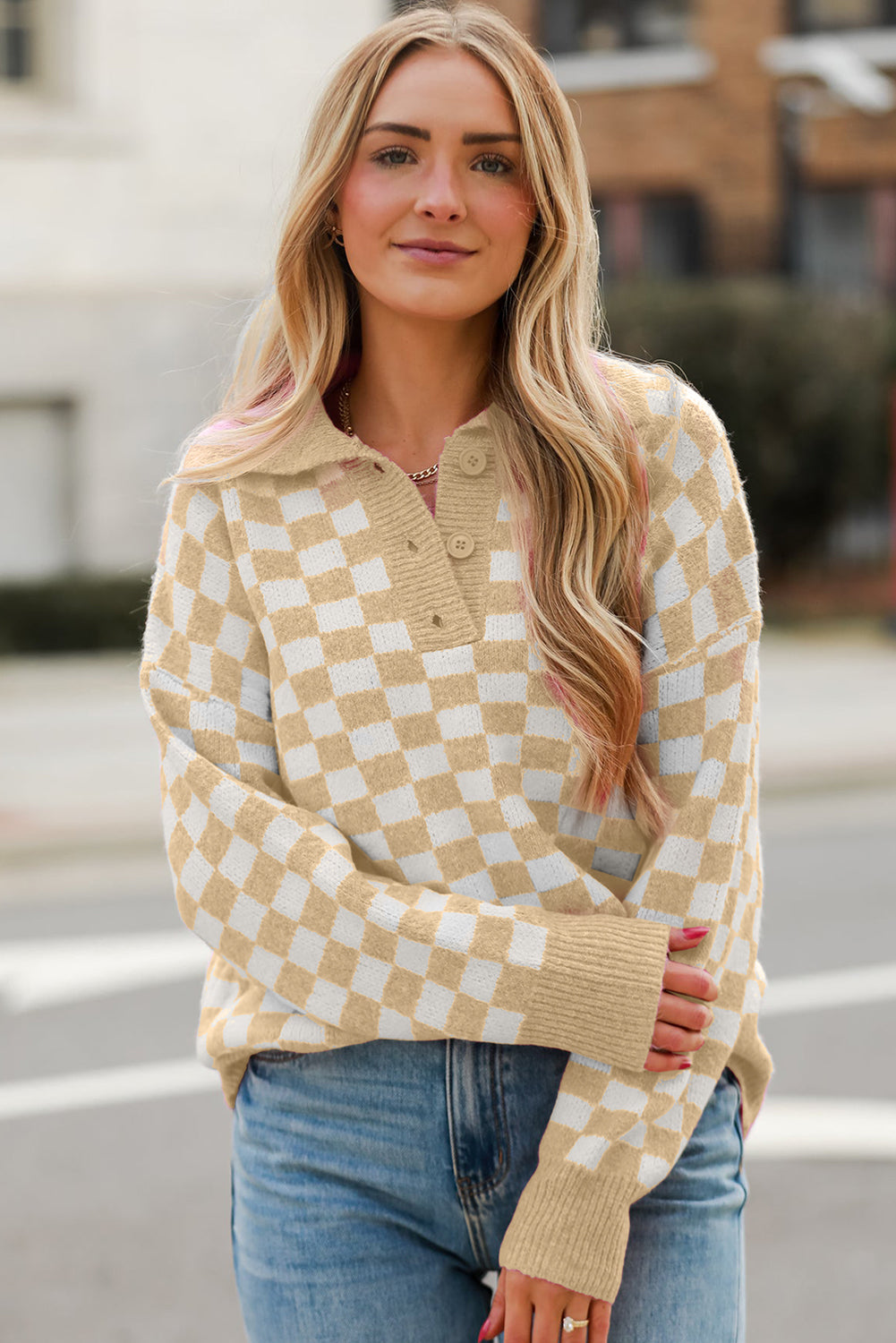 Apricot Checkered Buttons Collar V Neck Drop Shoulder Sweater Sweaters JT's Designer Fashion