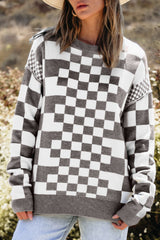 Gray Checkered Print Drop Shoulder Round Neck Sweater Sweaters JT's Designer Fashion