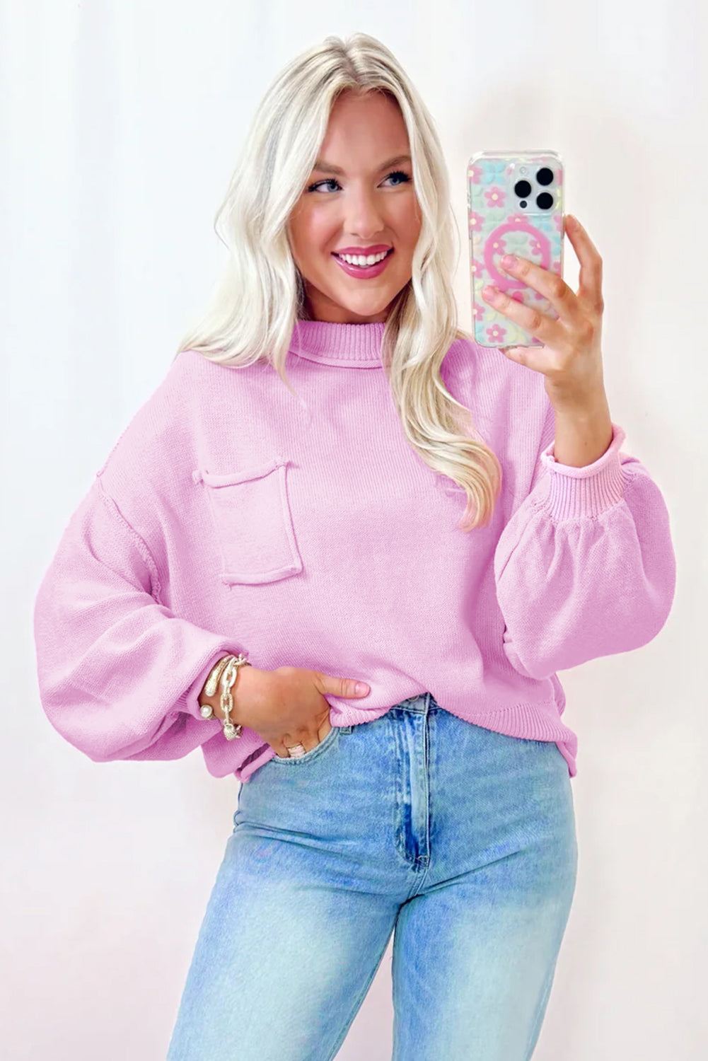 Pink Raw Edge Ribbed Detail Drop Shoulder Sweater Sweaters JT's Designer Fashion