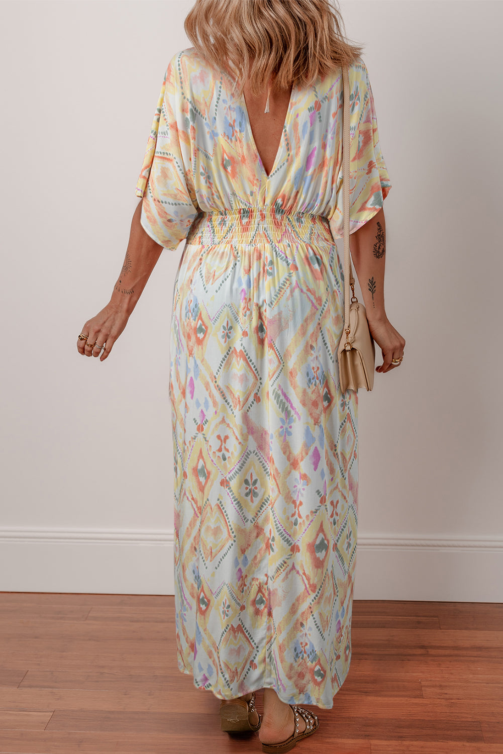 Multicolour Geometric Print Half Sleeve Shirred High Waist Maxi Dress Dresses JT's Designer Fashion