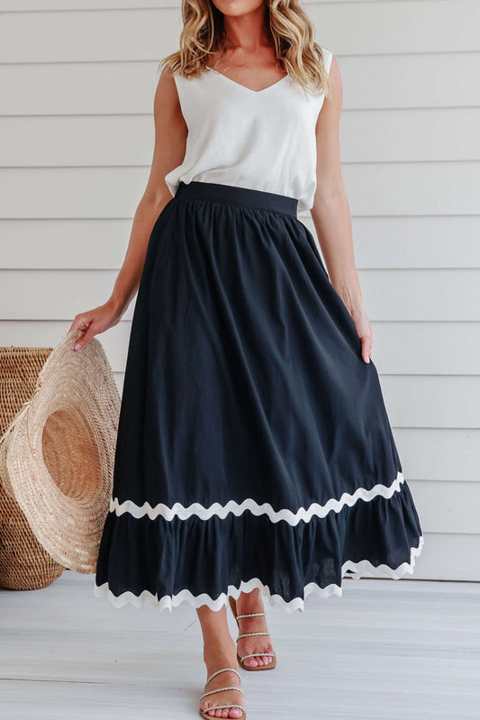 Black Ricrac Trim Colorblock High Waist Long Skirt Bottoms JT's Designer Fashion