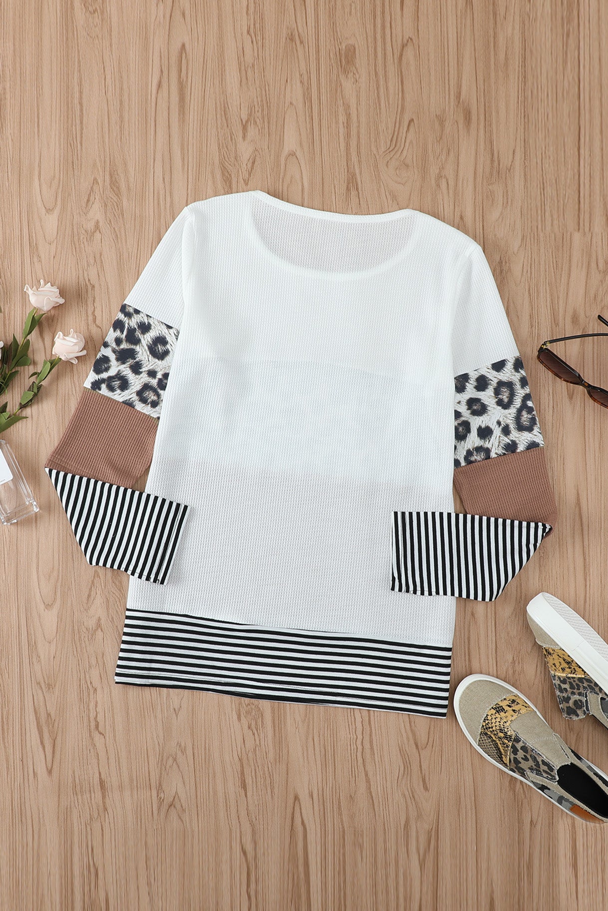 Brown Stripes Leopard Splicing Colorblock Long Sleeve Top Long Sleeve Tops JT's Designer Fashion