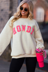 Beige Sherpa HOWDY Patched Pullover Sweatshirt Sweatshirts & Hoodies JT's Designer Fashion