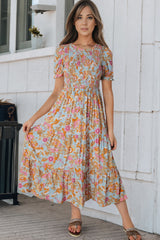 Sky Blue Floral Bubble Sleeve Smocked Flowy Ruffle Dress Floral Dresses JT's Designer Fashion