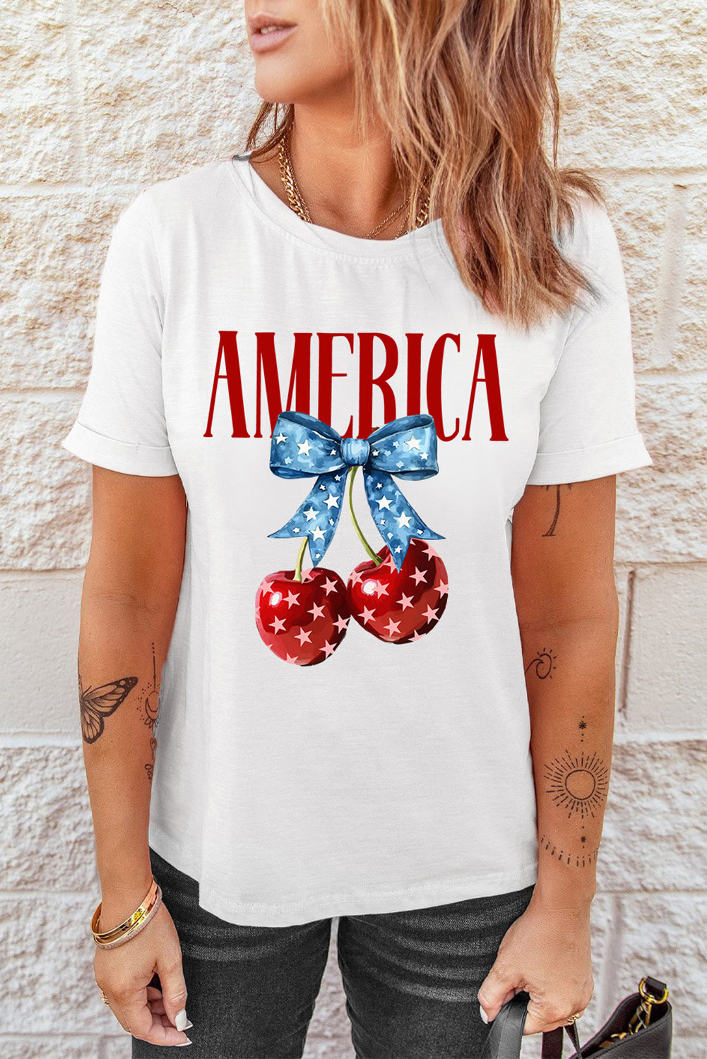 White AMERICA Bow Cherry Print Crewneck T Shirt Graphic Tees JT's Designer Fashion