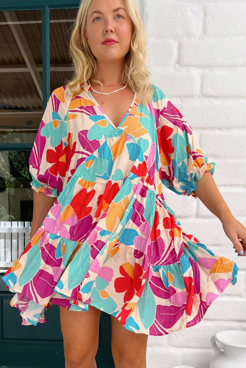 Rose Red Floral Bubble Sleeve V Neck Tiered Ruffle Babydoll Dress Floral Dresses JT's Designer Fashion