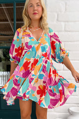 Rose Red Floral Bubble Sleeve V Neck Tiered Ruffle Babydoll Dress Floral Dresses JT's Designer Fashion