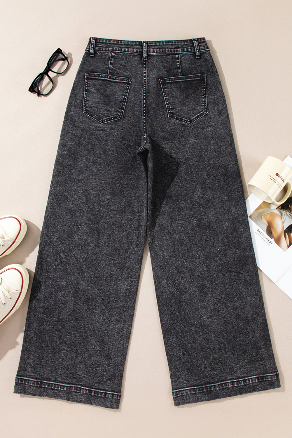 Black Chic Patch Pocket Straight Leg Loose Jeans Jeans JT's Designer Fashion