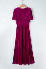 Red Dahlia Velvet Short Sleeve Shirred Waist Tiered Long Dress Maxi Dresses JT's Designer Fashion