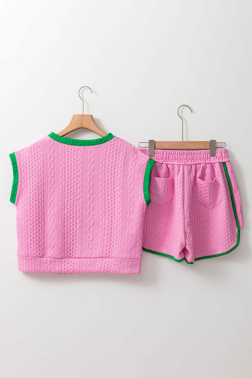 Pink Contrast Trim Cable Textured Shorts Set Short Sets JT's Designer Fashion