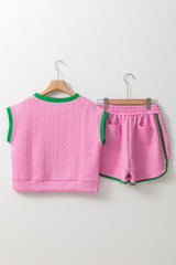 Pink Contrast Trim Cable Textured Shorts Set Short Sets JT's Designer Fashion
