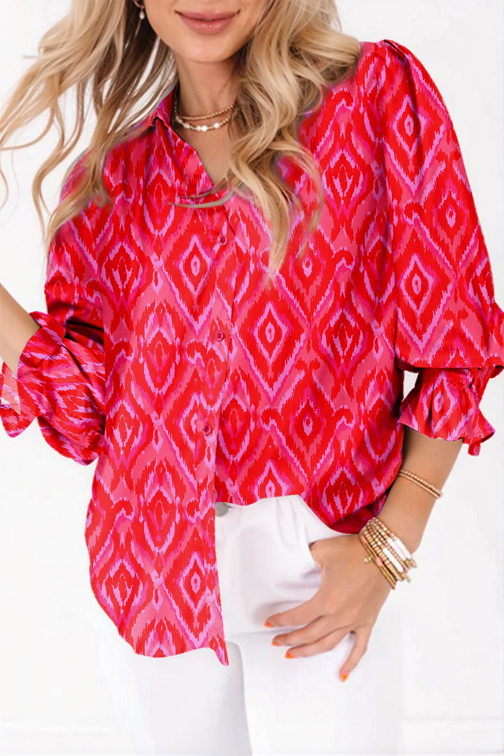 Strawberry Pink Western Aztec Geometric Ruffled 3/4 Sleeve Shirt Strawberry Pink 95%Polyester+5%Elastane Blouses & Shirts JT's Designer Fashion
