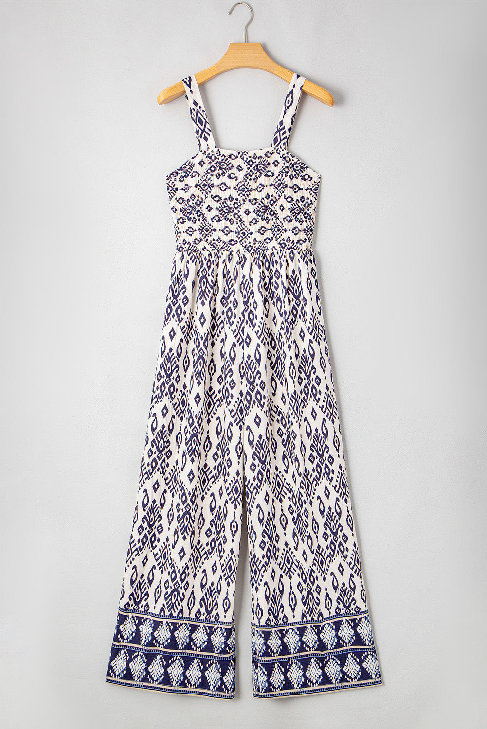 Blue Boho Geometric Print Shirred High Waist Wide Leg Jumpsuit Jumpsuits & Rompers JT's Designer Fashion