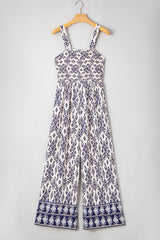 Blue Boho Geometric Print Shirred High Waist Wide Leg Jumpsuit Jumpsuits & Rompers JT's Designer Fashion
