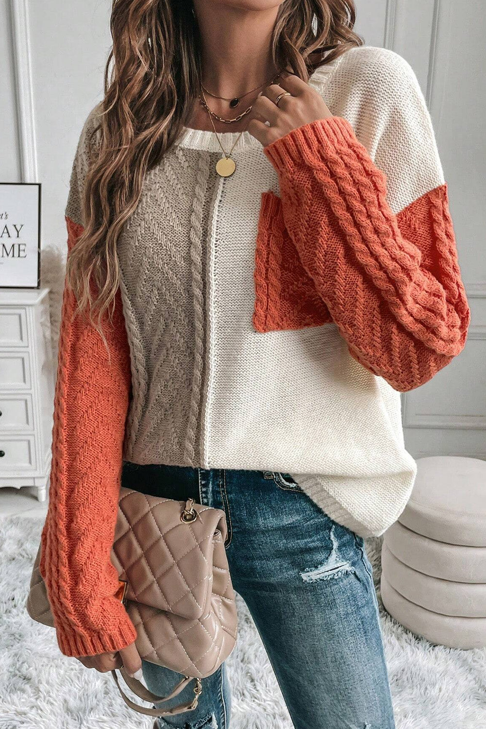 Gold Flame Colorblock Patched Pocket Drop Shoulder Sweater Sweaters JT's Designer Fashion