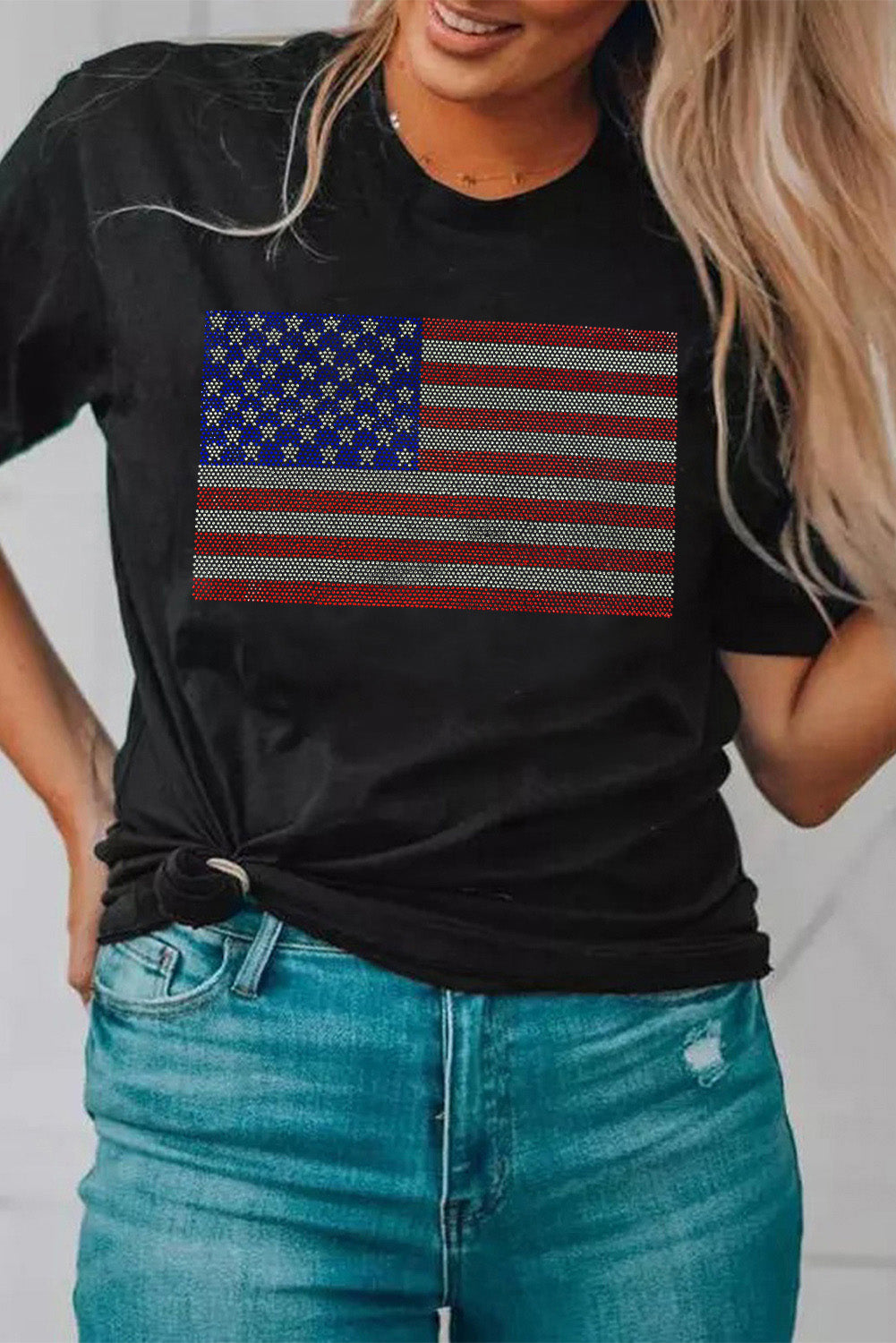 Black Rhinestone American Flag Round Neck Casual Tee Graphic Tees JT's Designer Fashion